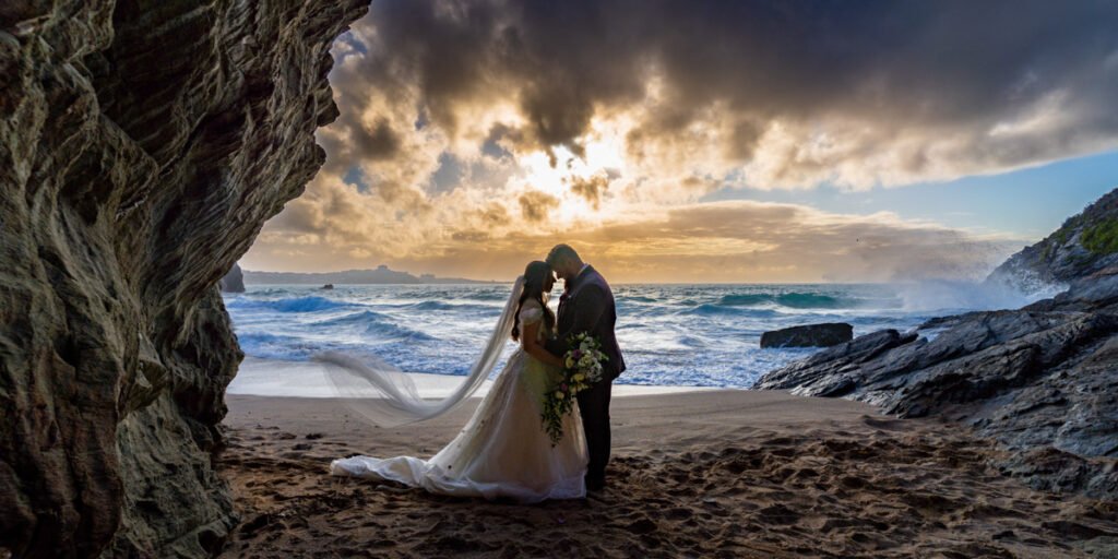 bride and groom sunset on the beach