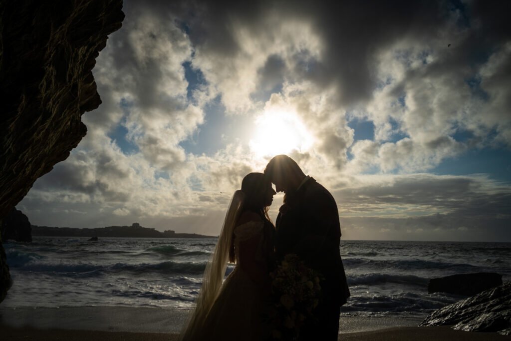 Bride and Groom silhouette sunset on the beach