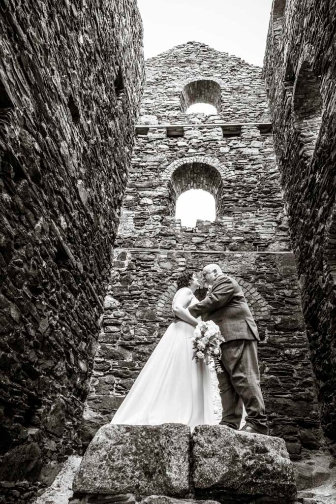 Bride and Groom inside Wheal Coates mine engine house cornwall