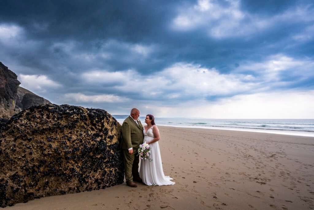 Bride and Groom on Chapel Porth beach cornwall