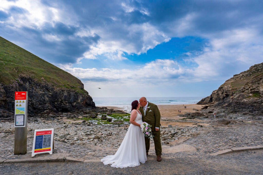 Bride and Groom on Chapel Porth beach cornwall
