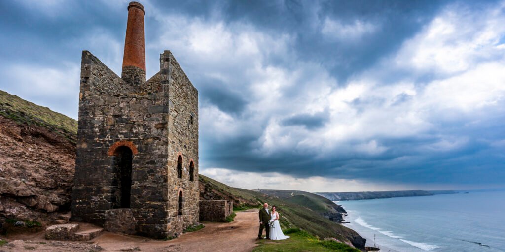 Bride and Groom on the coastpath by Wheal Coates mine engine house