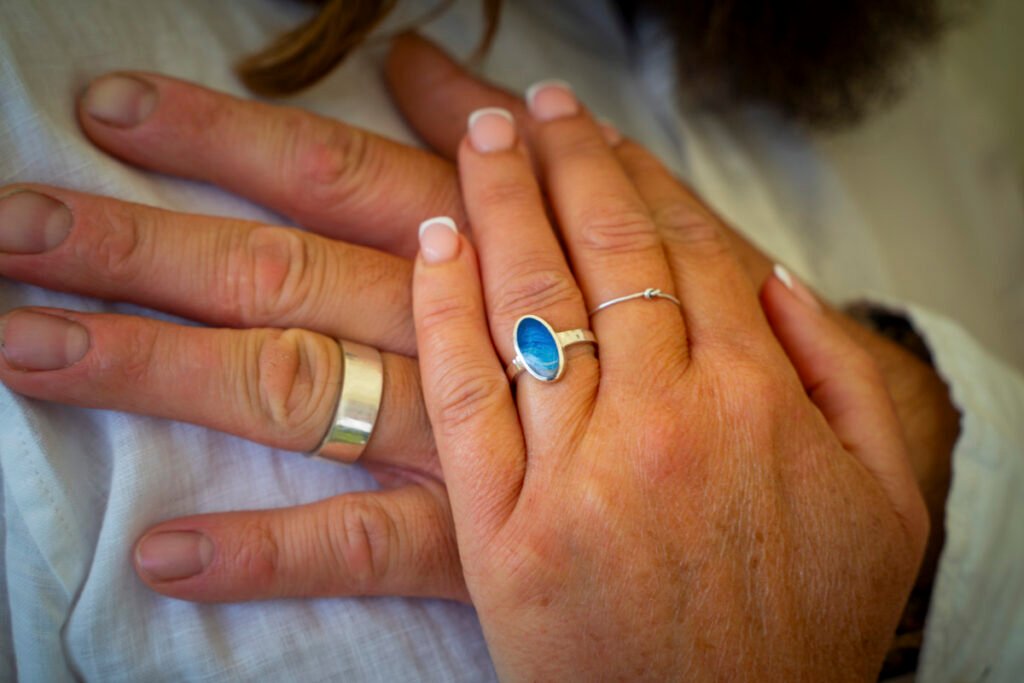 close up of weddings rings on the bride and groom's hands