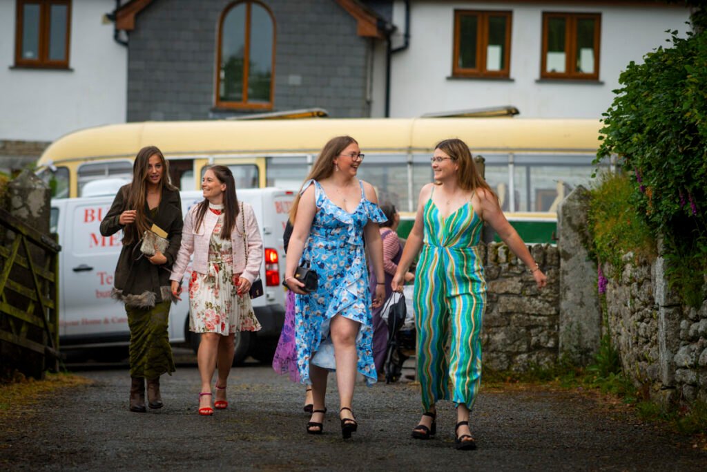 wedding guests arriving at the church